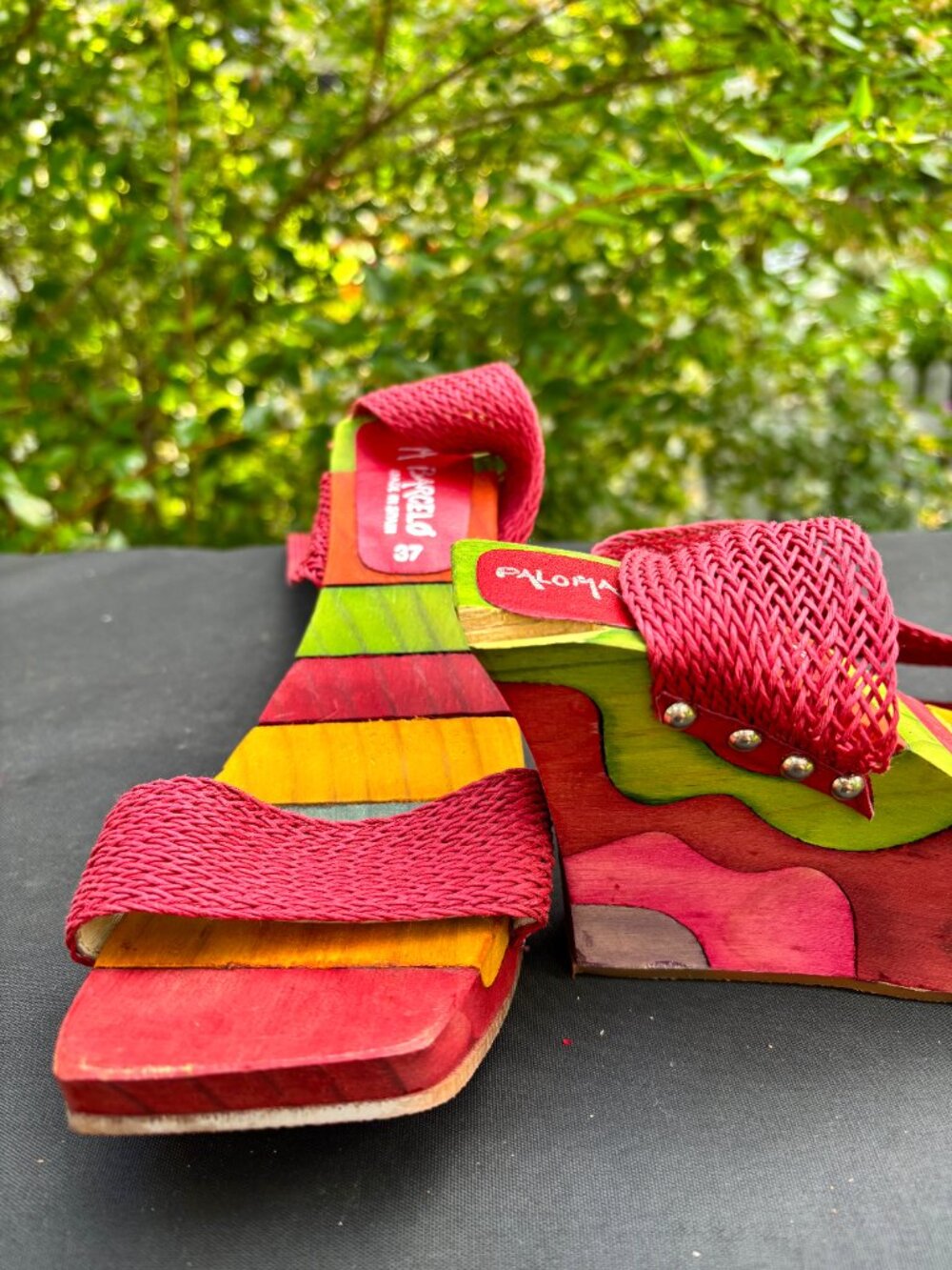Paloma Barcelo Colorful Wood Wedge Sandals with Ballet Strap Ties Size 7 - Picture 7 of 10